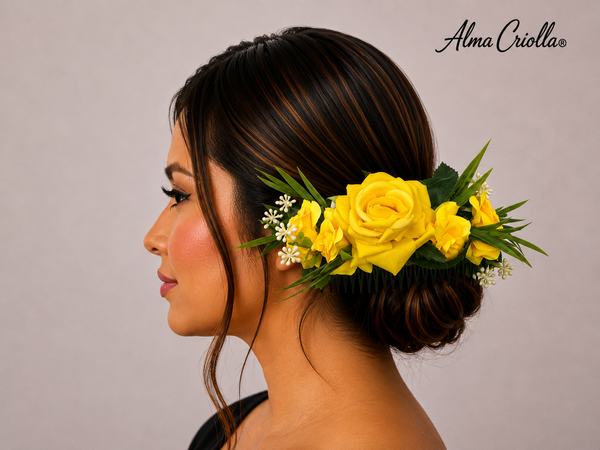 Tocado Rosas Amarillo con peineta 18cm
