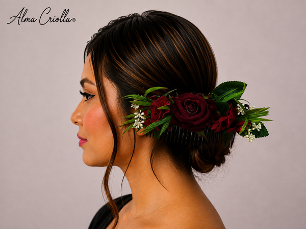 Tocado Rosas Burdeo con peineta 18cm