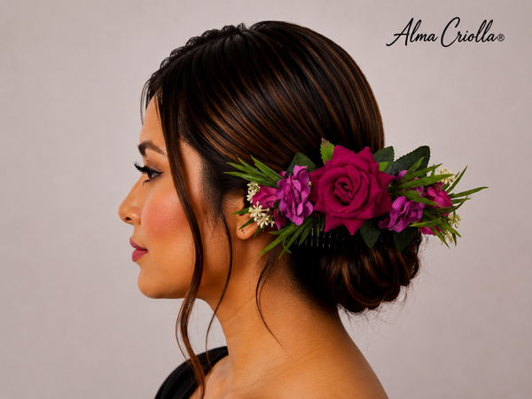 Tocado Rosas Fucsia con peineta 18cm