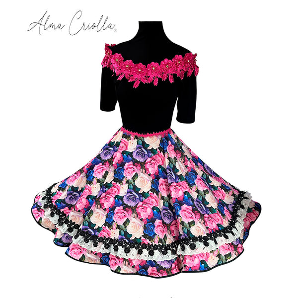 Vestido china huasa floral fucsia cuerpo negro sofia