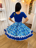 Vestido China Huasa rosas azules ,escote 3D , Sofia