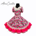 Vestido de china huasa floral sarga fucsia , macrame BLANCO
