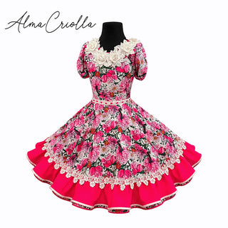 Vestido de china huasa floral sarga fucsia , macrame BLANCO