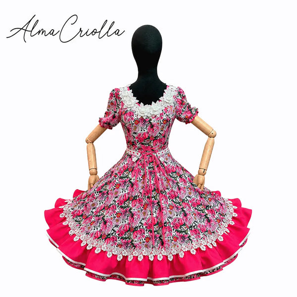 Vestido de china huasa floral sarga fucsia , macrame BLANCO