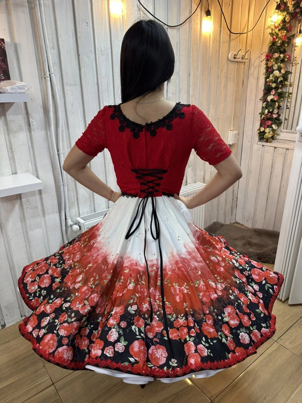Vestido china huasa degrade cuerpo encaje rojo