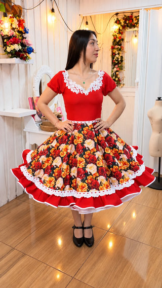 Vestido de China Huasa Biestrech Rojo, falda pasacinta