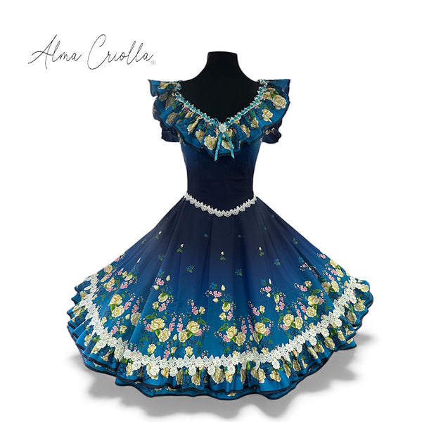 Vestido de china huasa fantasia degrade Rosas azules volantes