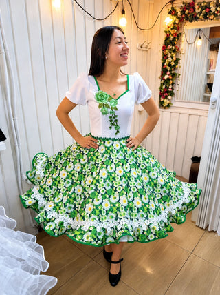 Vestido china huasa blanco verde escote 3D