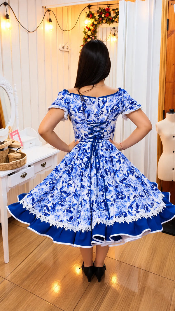 Vestido china huasa faltasia algodon blanco y azul Talla 40