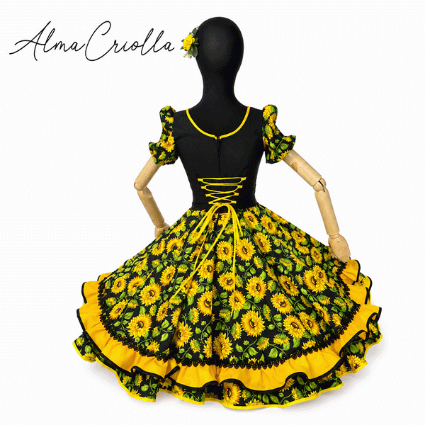 Vestido de china huasa Negro amarillo cristales
