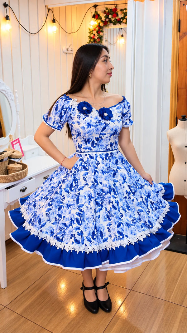 Vestido china huasa faltasia algodon blanco y azul Talla 40