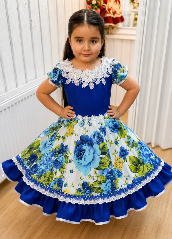 Vestido de china huasa azul rey macrame blanco