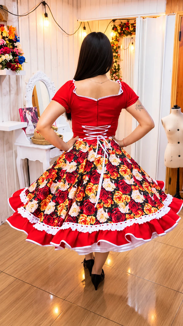 Vestido de China Huasa Biestrech Rojo, falda pasacinta