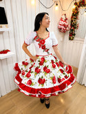 Vestido de china huasa fantasia , blanco con aplicaciones rojas y hojas verdes talla 38