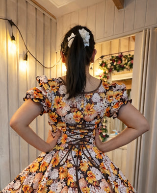 Vestido china huasa 80% floreado Cafe