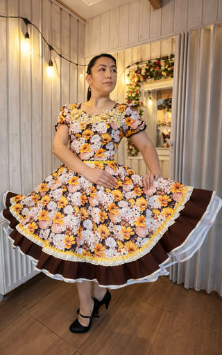 Vestido china huasa 80% floreado Cafe