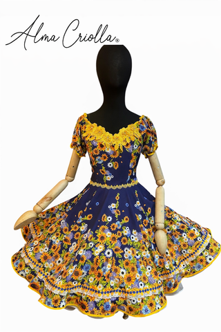 Vestido de china huasa fantasia degrade azul girasoles