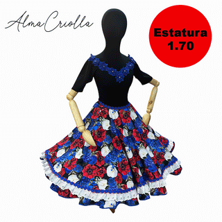 Vestido china huasa Sofia Negro, azul para 1,70 de estatura