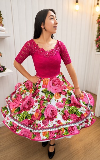 Vestido de China Huasa, Sofia encaje Fucsia