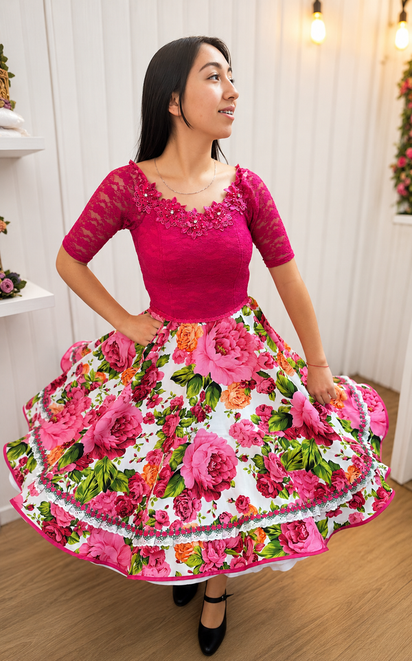 Vestido de China Huasa, Sofia encaje Fucsia