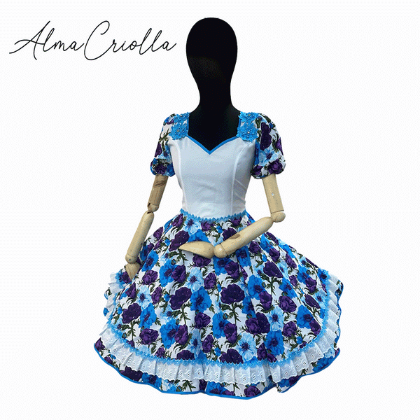 Vestido china huasa blanco morado y calipso