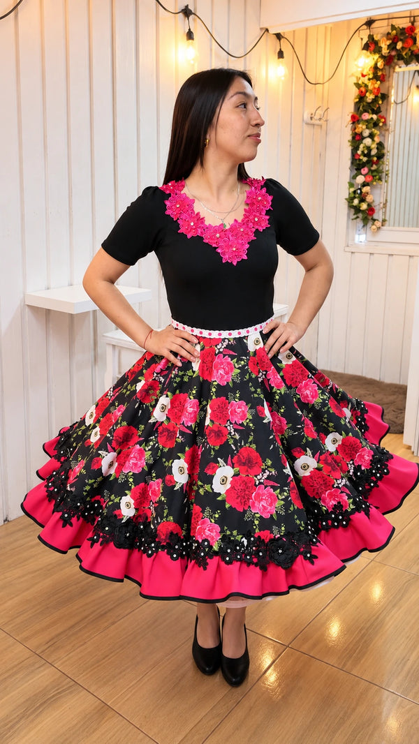 vestido de china huasa negro fucsia Tela Sofia elasticada