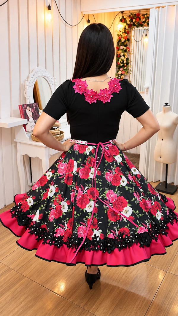 vestido de china huasa negro fucsia Tela Sofia elasticada