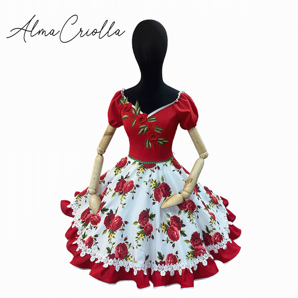 Vestido de china huasa Rojo biestrech escote Rosa 3D