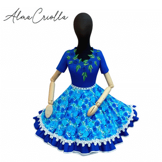 Vestido China Huasa rosas azules ,escote 3D , Sofia