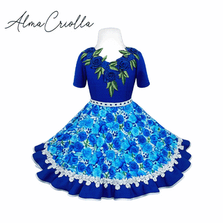 Vestido China Huasa rosas azules ,escote 3D , Sofia