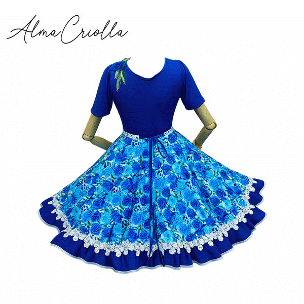 Vestido China Huasa rosas azules ,escote 3D , Sofia
