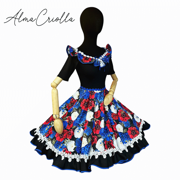 Vestido de China huasa fantasia sofia con vuelo en escote, negro azul