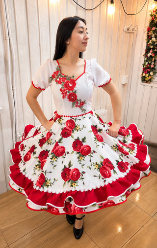 Vestido china huasa blanco rojo exclusivo talla 38