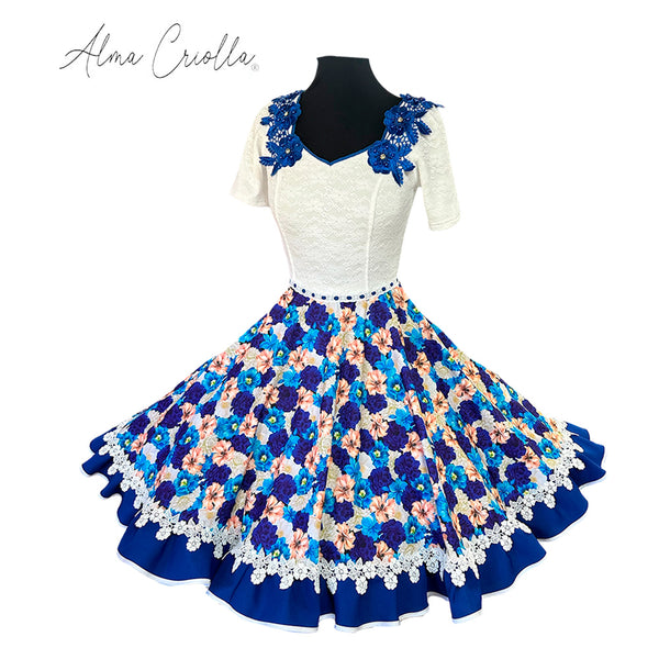 Vestido china huasa blanco azul Sofia